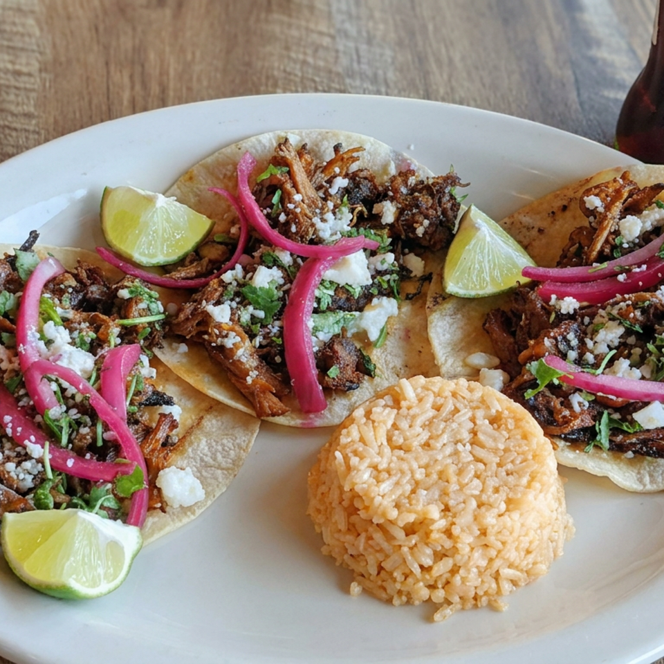 Three tacos topped with crispy filling, pickled onions, cotija cheese, cilantro, and lime wedges, served with Mexican rice.