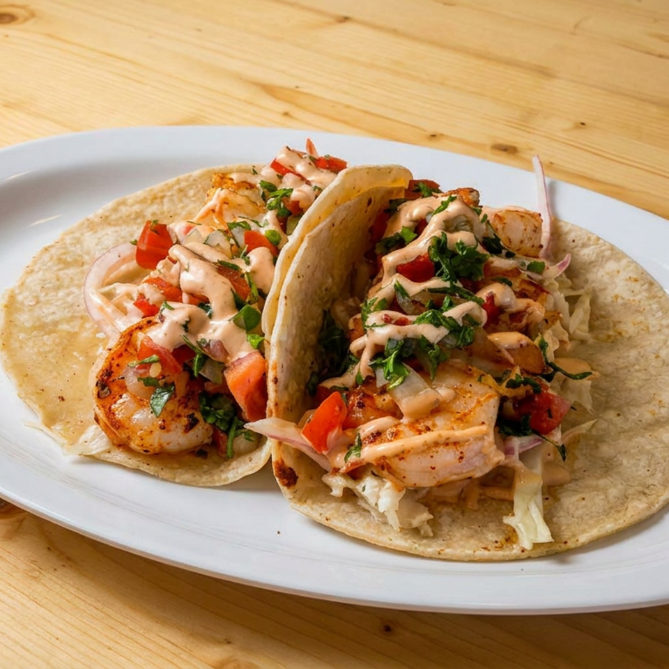 Two shrimp tacos with cabbage, tomatoes, cilantro, and creamy sauce on a white plate atop a wooden table.