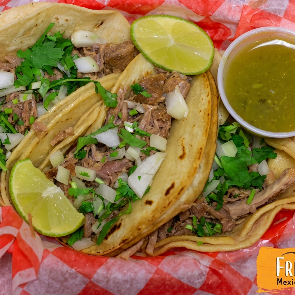 Three Mexican street tacos filled with shredded meat, onions, cilantro, and lime, served with green salsa on red checkered paper.