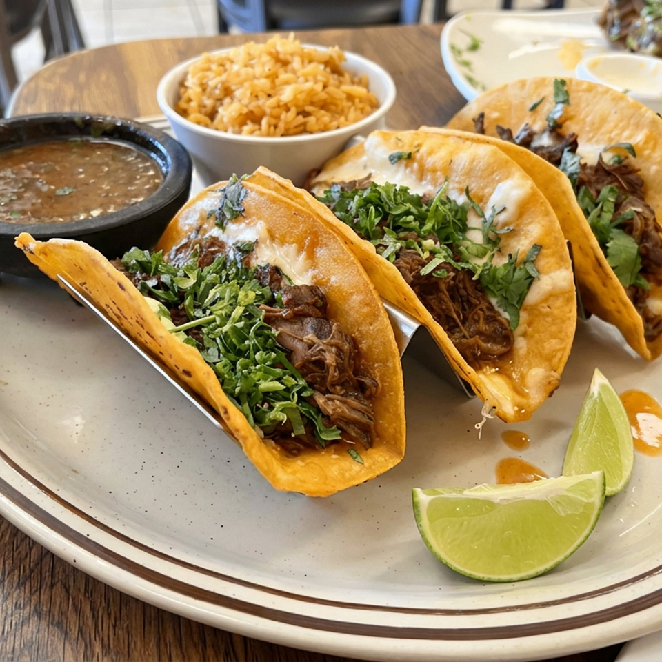 Three crispy tacos filled with shredded meat, onions, and cilantro, served with lime wedges, beans, and rice on a restaurant table.