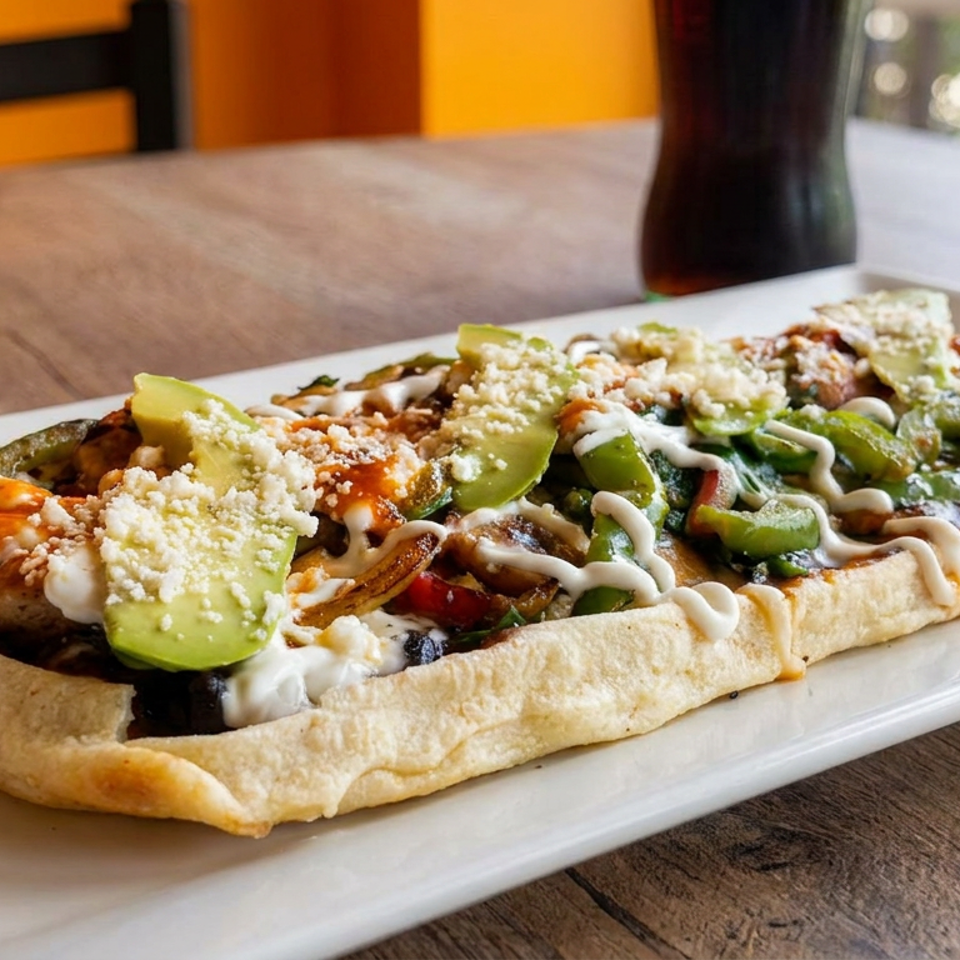 Loaded flatbread topped with avocado, sautéed vegetables, mushrooms, cheese, and drizzled sauces on a white plate.