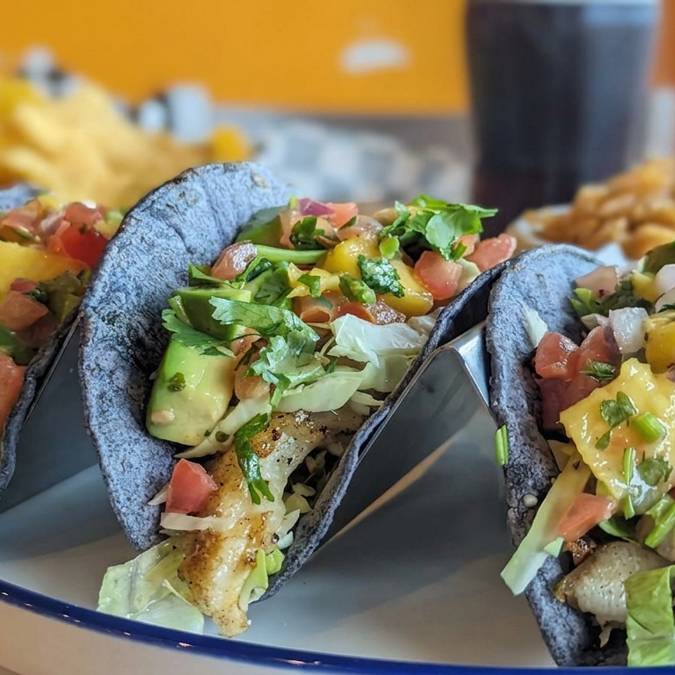 Three blue corn tacos filled with grilled fish, avocado, tomato, mango salsa, and cilantro on a plate.