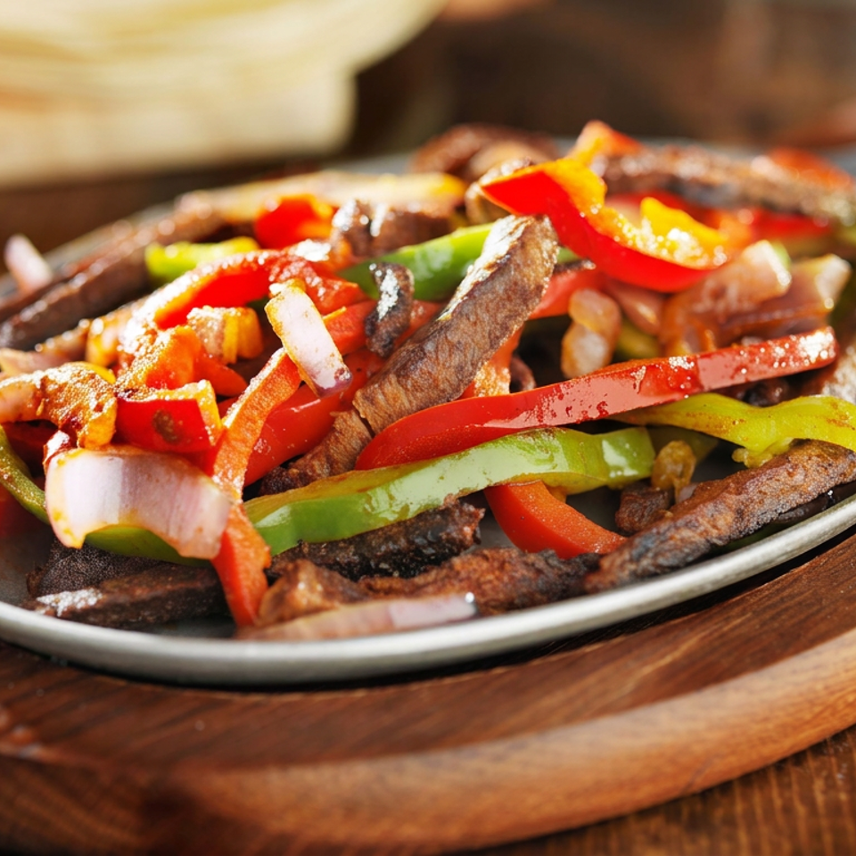 Sizzling beef strips with red and green peppers, onions, and tomatoes served on a metal platter atop a wooden board.