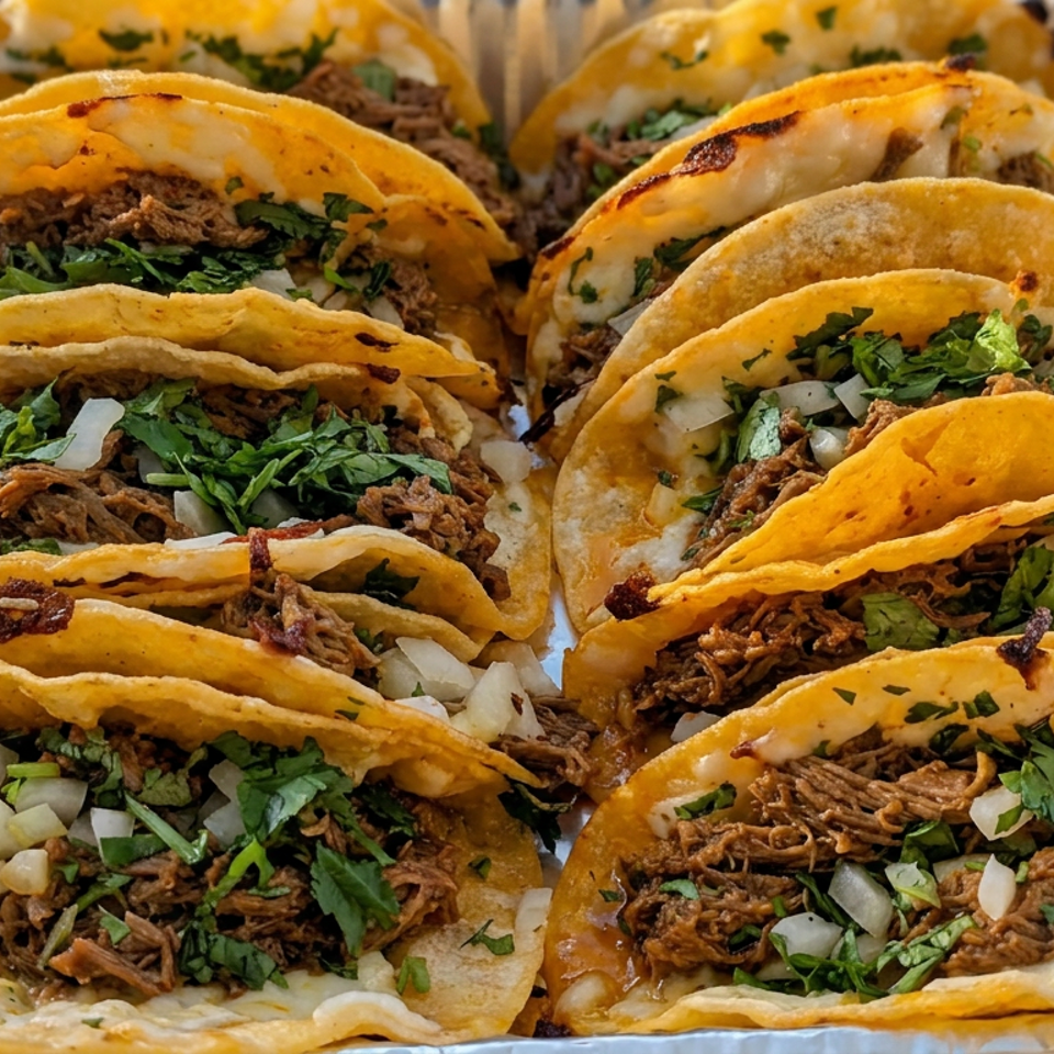 Tray of crispy beef tacos topped with cilantro and diced onions.