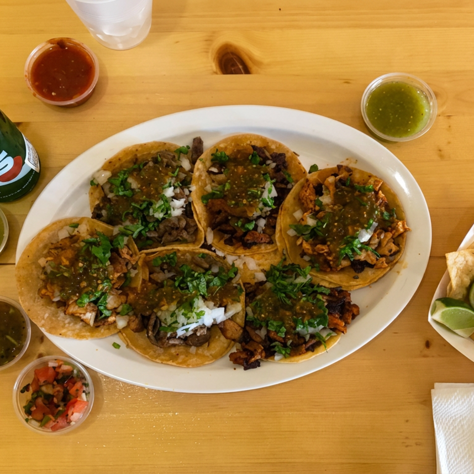 Overhead view of six tacos topped with onions, cilantro, and salsa, surrounded by chips, lime wedges, sauces, and a bottled drink.