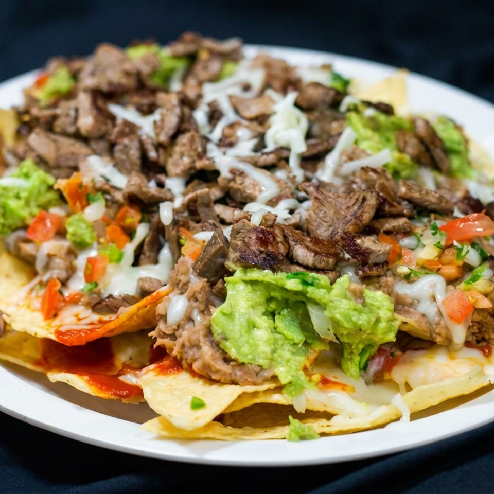 Loaded nachos topped with seasoned meat, guacamole, melted cheese, beans, and diced tomatoes on a white plate.